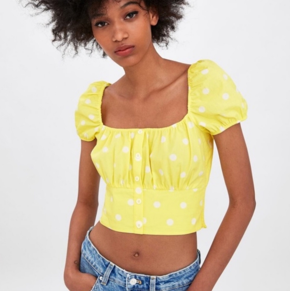 Zara Yellow Polka Dot Poplin Crop Top Size Small
